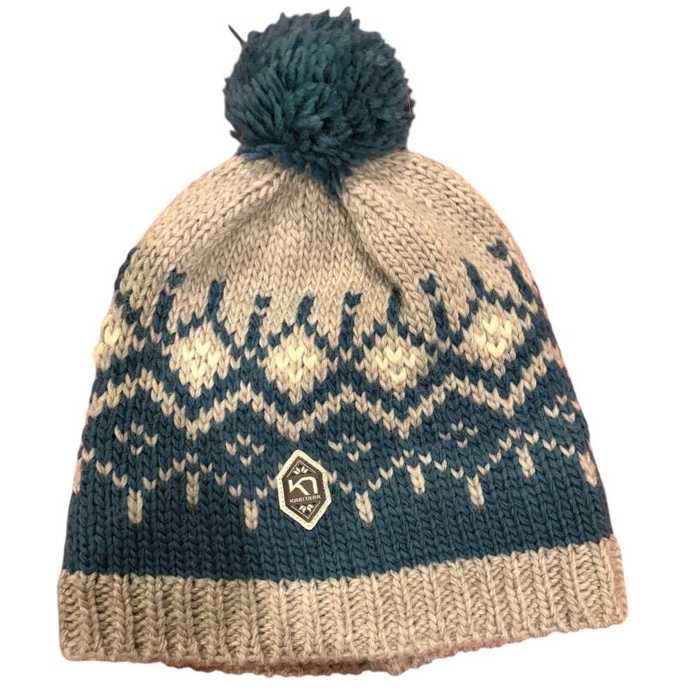 KARI TRAA Women's Unisex Fairisle Beanie Hat One Size OS Wool Blend Winter Pom